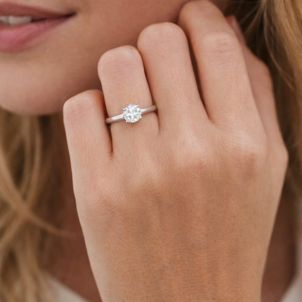Low-Set Round Lab Grown Diamond Solitaire Engagement Ring with Crossover Claws