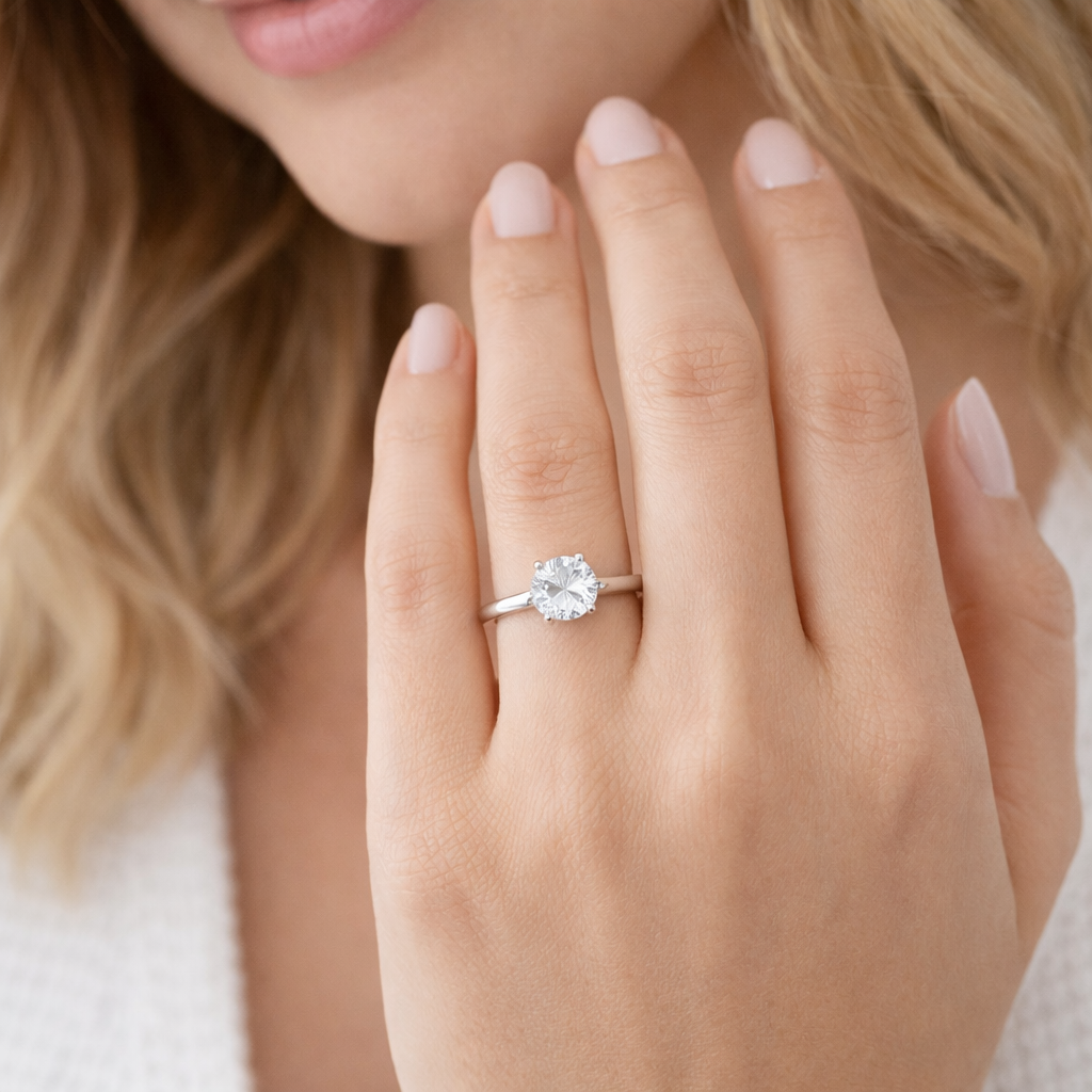 9K White Gold Oval Lab-Grown Diamond High-Set Hidden Halo Solitaire Engagement Ring