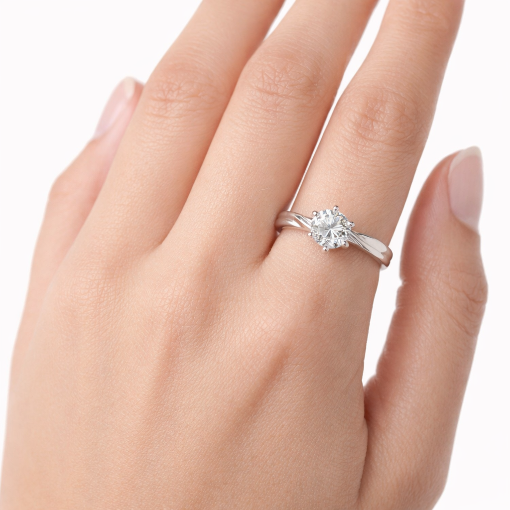 Classic 6-Prong Round Lab-Grown Diamond Solitaire Engagement Ring with Crossover Shoulders