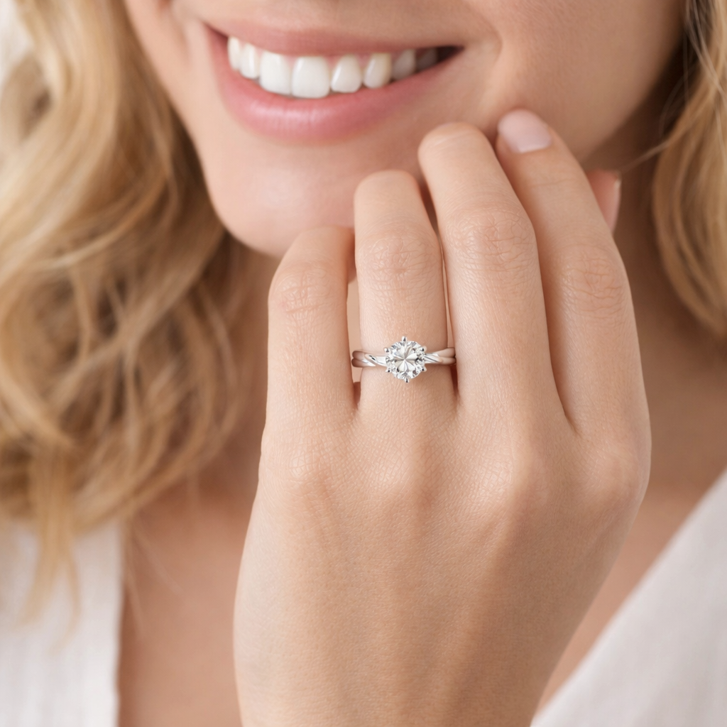 Classic 6-Prong Round Lab-Grown Diamond Solitaire Engagement Ring with Crossover Shoulders