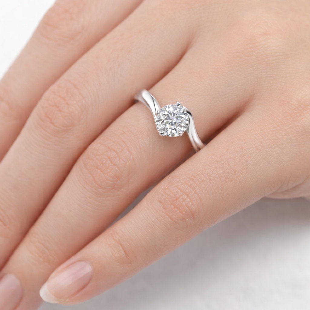 4 Prong Round 9K White Gold Lab Grown Diamond Twisted Open Band Solitaire Engagement Ring