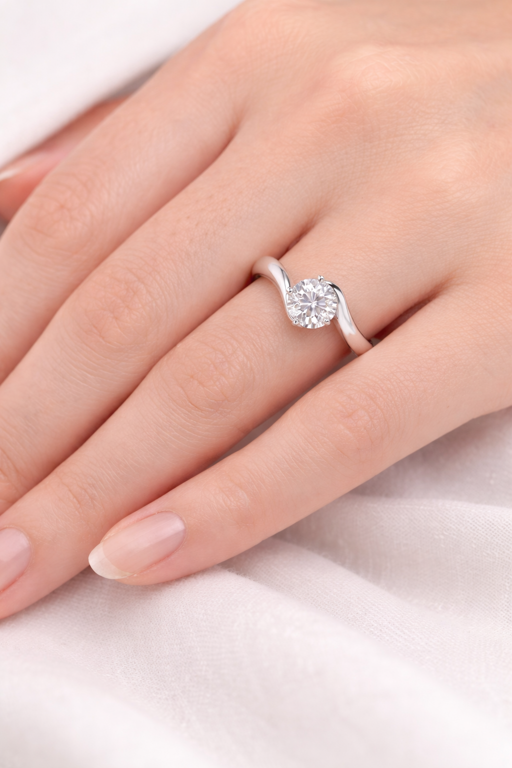 4 Prong Round 9K White Gold Lab Grown Diamond Twisted Open Band Solitaire Engagement Ring