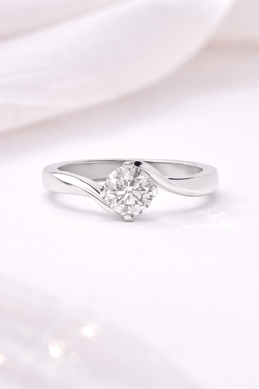 4 Prong Round 9K White Gold Lab Grown Diamond Twisted Open Band Solitaire Engagement Ring