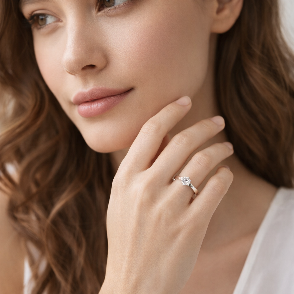 9K White Gold Twisted Band 4-Prong Round Lab-Grown Diamond Engagement Ring