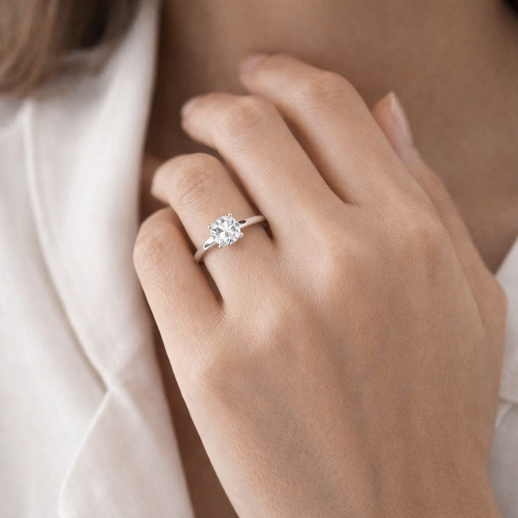 9K White Gold Oval Lab-Grown Diamond High-Set Hidden Halo Solitaire Engagement Ring